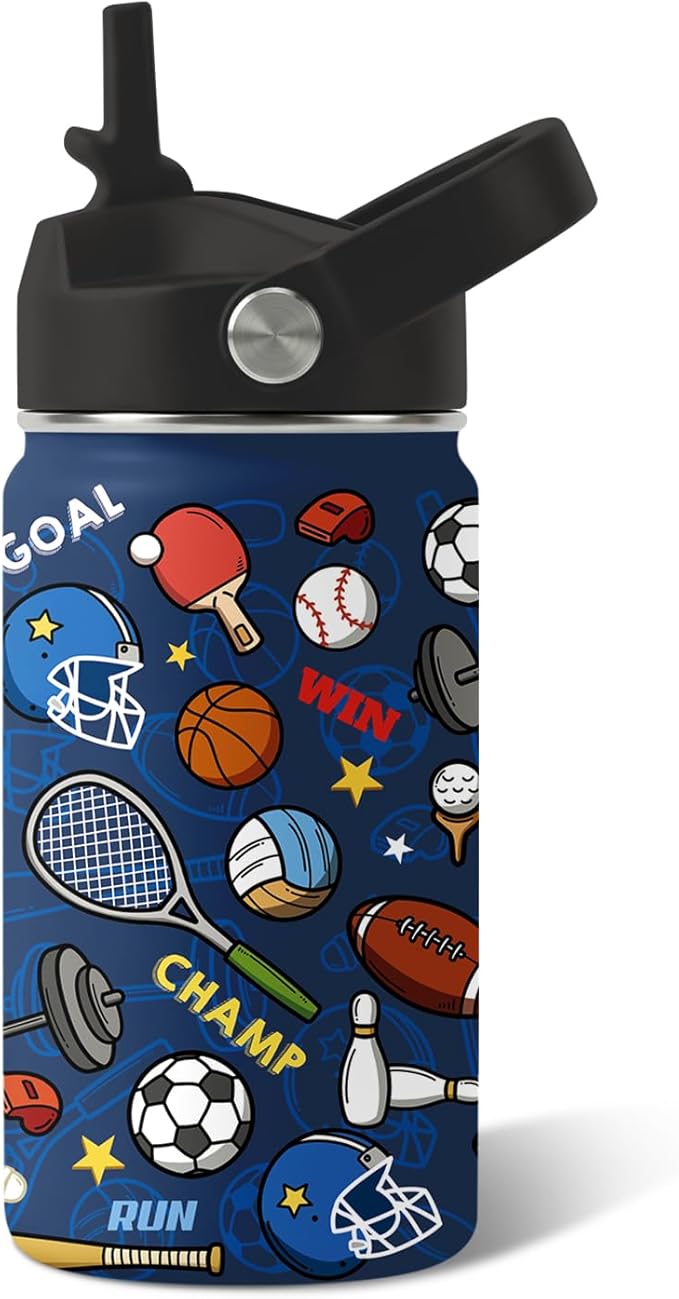 Sports Gifts for Men & Women - 12oz Water Bottle with Straw Lid, Stainless Steel Insulated Bottle, Leakproof, BPA-Free, for Her, School, Travel - Sport Lovers Birthday Gift Cup (1pc)