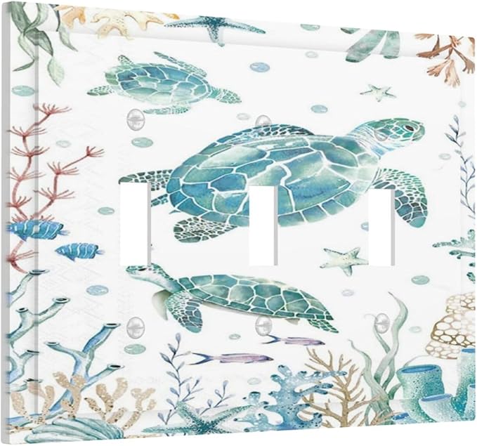 Sea Turtle Ocean Starfish Fish Coral Pearl Decorative Switch Plates 3 Gang Wall Plate Triple Toggle Light Switch Cover Faceplate Electrical Wall Panels for Bathroom Kids Room Decor