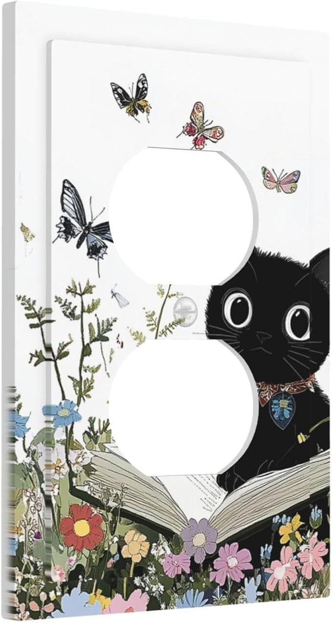 Outlet Covers Cute Cat Wildflowers Boho Flowers Floral 1 Gang Duplex Light Switch Cover Decorative Switch Plates Electrical Receptacle Faceplate Wall Plate For Nursery Kids Room Decor