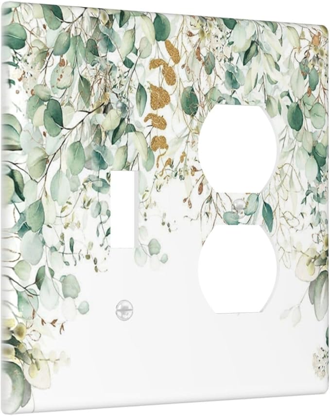 Gold Green Eucalyptus Leaves Plants Flowers Floral Wallplates 1 Toggle 1 Duplex Switch Plate Electrical GFCI Faceplate Decorative Light Switch Covers for Bedroom Living Room Decor