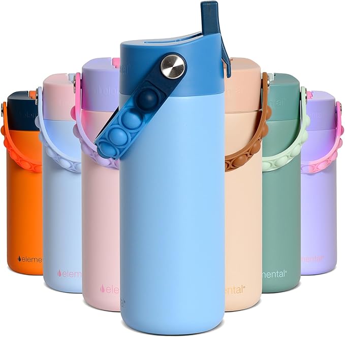 Elemental Insulated Kids Water Bottle, Stainless Steel Water Bottle with Straw Lid & Pop-It Handle, Leak-Proof Water Bottles for School, Boys or Girls, Travelling and Sports, 18oz - Ocean Tie Dye