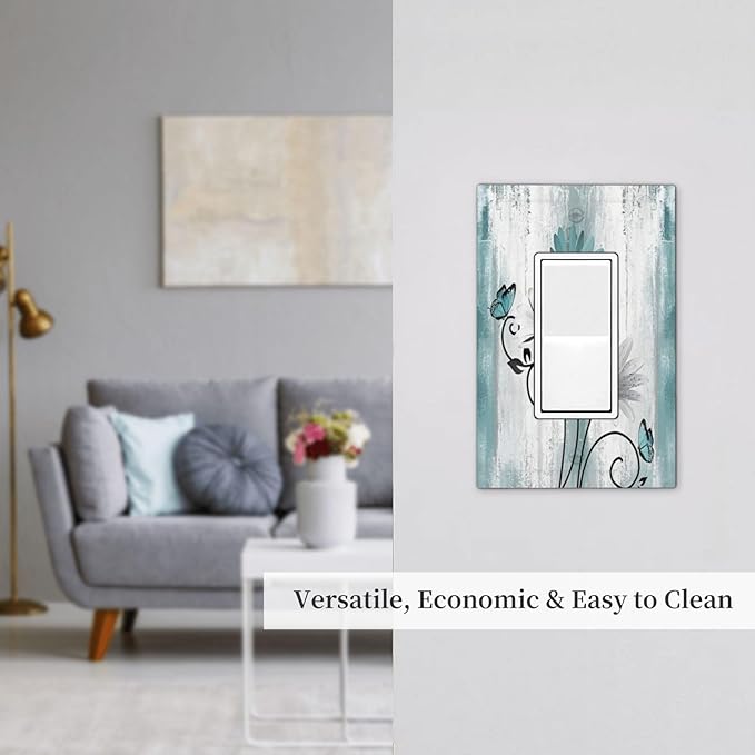 Light Switch Cover Plate Teal Daisy Floral Butterfly Vintage Wood 1 Gang Outlet Covers Single Rocker Decorative Switch plates Electrical Wall Plates GFCI Receptacle for Bathroom Bedroom Decor