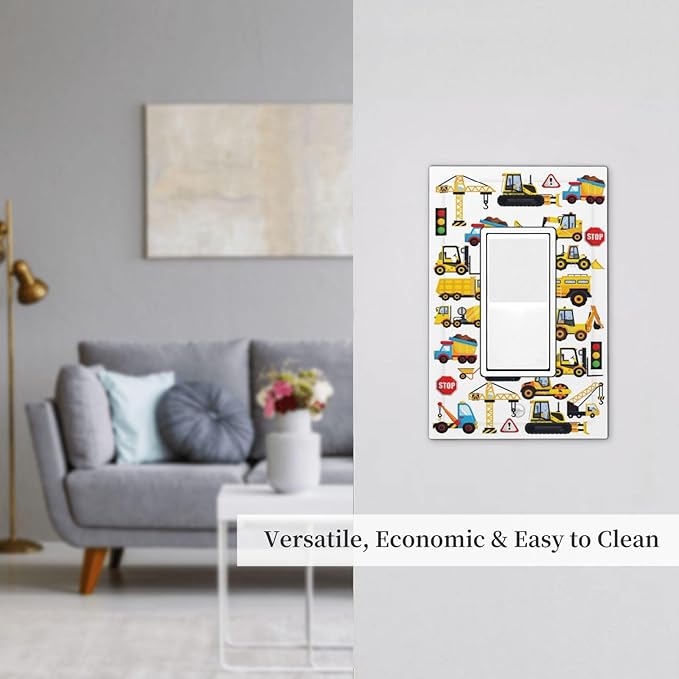 Kid Boy Construction Trucks Cartoon Car Excavator Tractor Vehicles Transport 1 Gang Single Decorator/GFCI Device Outlet Wall Plate Electrical One Rocker Decorative Light Switch Cover Faceplate Dimmer