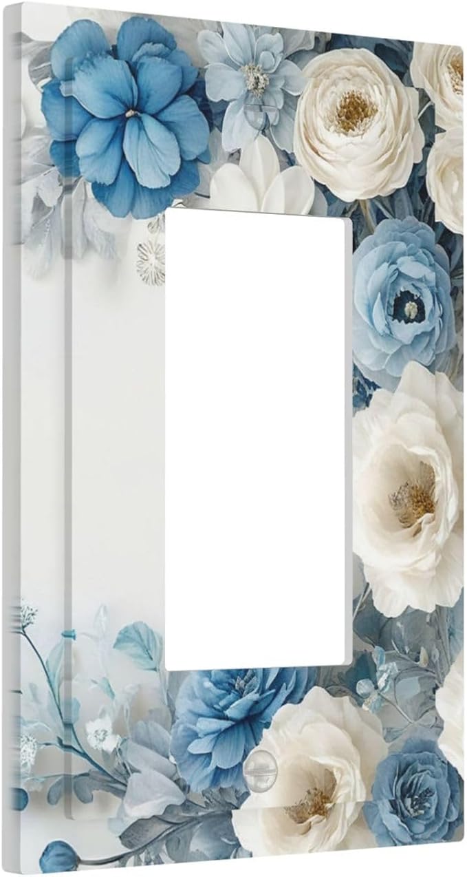 Decorative Outlet Covers Blue Rose White Flowers Rustic Floral 1 Gang Single Decora GFCI Device Light Switch Covers Plate 1 Rocker Wall Plate Jumbo Face Plate for Bedroom Decor
