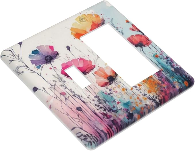 Decorative Outlet Cover Colorful Watercolor Wildflowers Elegant Painting Floral 2 Gang Wall Plate Single Toggle 1 Rocker Light Switch Cover Switch Plate Covers Faceplate for Bedroom Decor