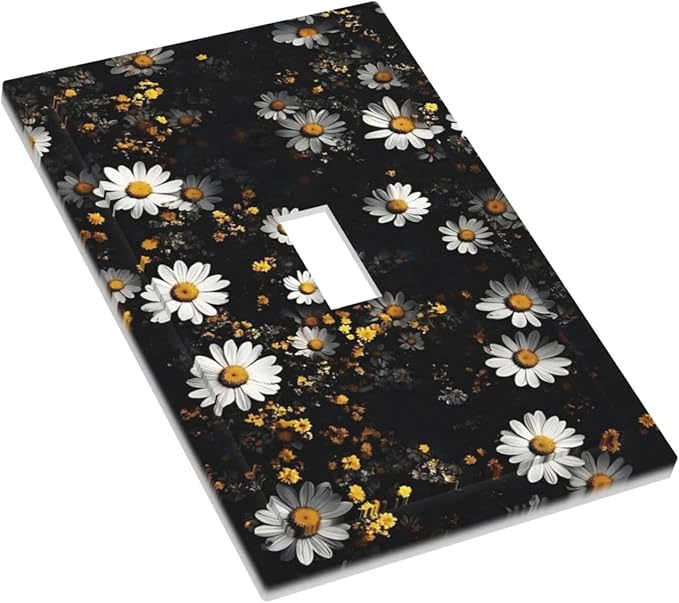 White Black Daisy Wildflower Modern Chrysanthemum Decorative Light Switch Cover 1 Gang Single Toggle Device Electrical Faceplate Switchplates Decorator Outlet Wall Plate for Bedroom Farmhouse Decor