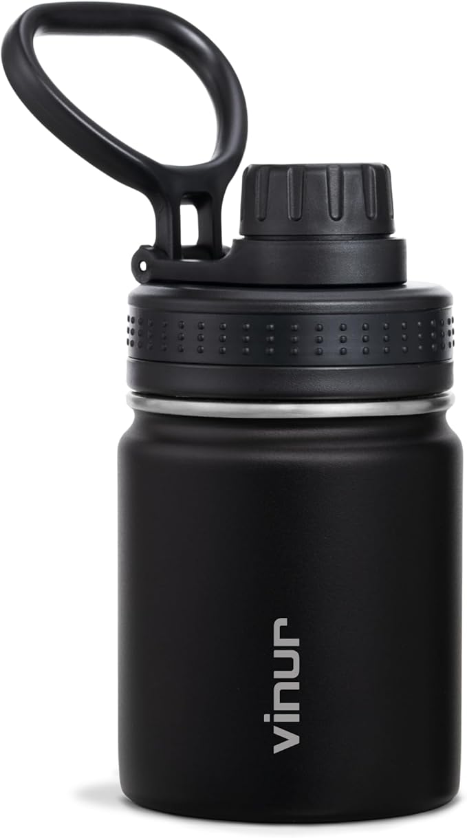 Vinur Small Water Bottle 8 oz Stainless Steel Vacuum Insulated Water Bottle for Kids Lunchbox & Backpacks- Leakproof Travel Bottle with Spout Lid for Boys, Black