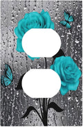 Teal Turquoise Blue Gray Grey Raindrop Rose Flower Floral 1 Device Gang Duplex Receptacle Wall Plate Outlet Cover Romantic Pretty Butterfly Electrical One Gang Dual Light Switch Faceplate Socket Cover