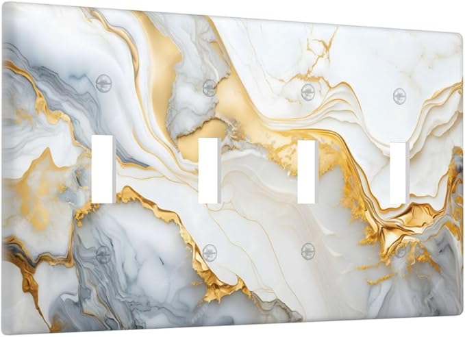 Exquisite White Gold Marble Abstract Luxurious Print Light Switch Covers Quad Toggle Electrical Faceplate 4 Gang Wall Plate Decorative Switch Plates Cover for Bathroom Kitchen Decor