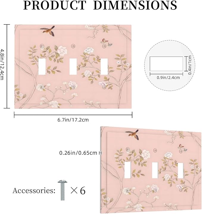 Pink Background Flowers Bird Butterflies Floral Decorative Switch Plates 3 Gang Wall Plate Triple Toggle Light Switch Cover Faceplate Electrical Wall Panels for Bedroom Living Room Decor
