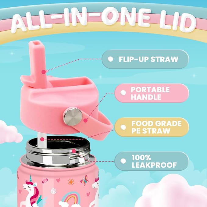 Unicorn Water Bottle for Girls - Kids Water Bottle with Straw Lid - 12 Oz Insulated Stainless Steel Water Bottles for Kid - Travel Cup for School Sports