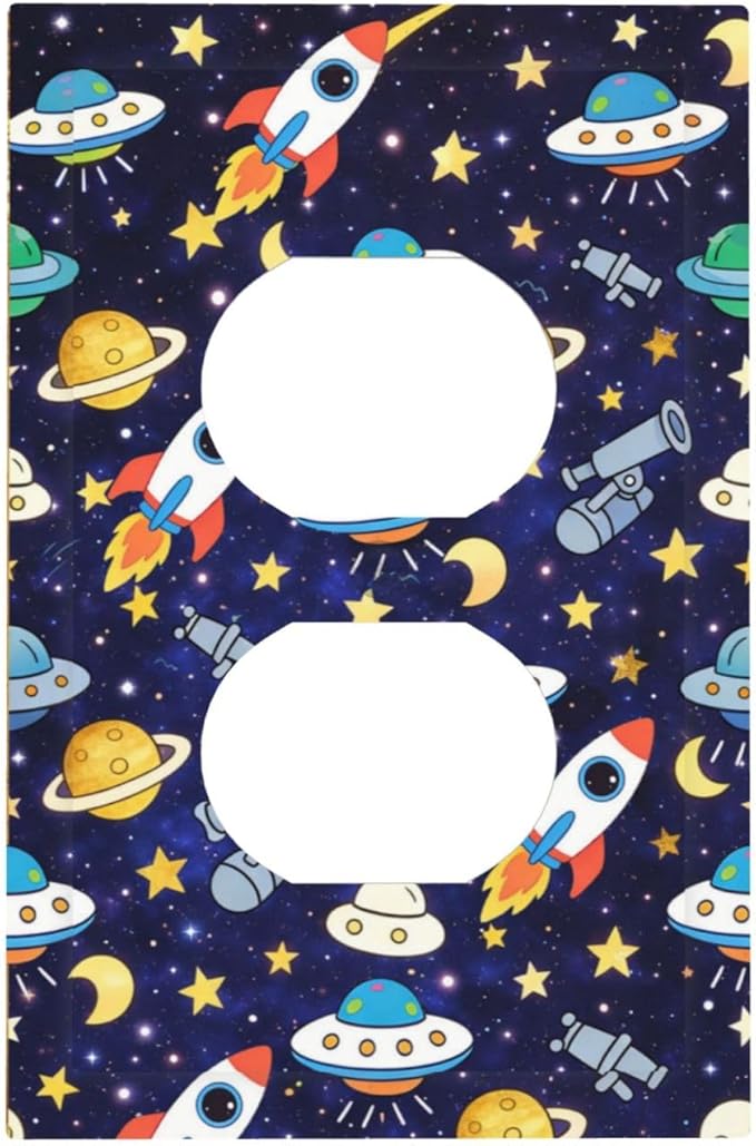 Decorative Outlet Covers Blue Space-themed Rocket Spaceship 1 Gang Duplex Light Switch Cover Plate Unique Wall Plates for Electrical Outlets Switch Plate Covers for Children's Room Decor
