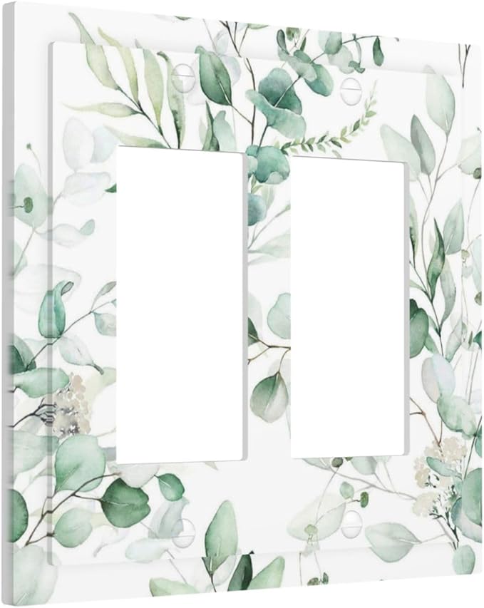 Boho Green Eucalyptus Leaf Floral Plants Flowers Decorative Outlet Covers 2 Gang Double GFCI Rocker Electrical Wall Panels Light Switch Cover Plate for Bed Room Living Room Decor