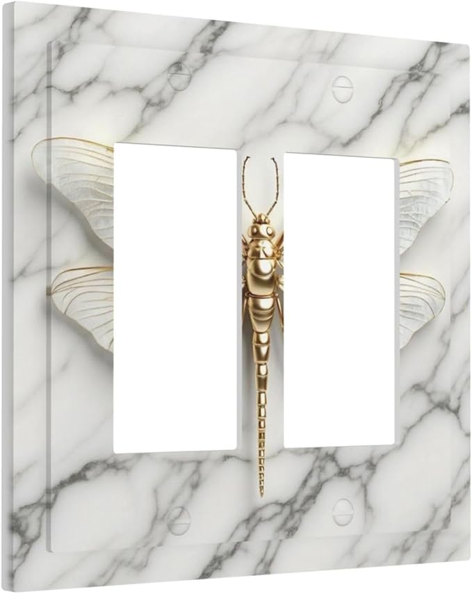 White Gold Marble Dragonfly Abstract Modern Decorative Outlet Covers 2 Gang Double GFCI Rocker Electrical Wall Panels Light Switch Cover Plate for Bathroom Home Decor