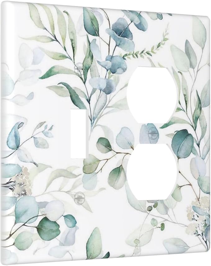 2-Gang 1-Toggle 1-Duplex Combination Wall Plate Watercolor Spring Eucalyptus Green Saga Leaves Nature Botanical Floral Two Combo Double Device Toggle/Outlet Receptacle Light Switch Faceplate Cover