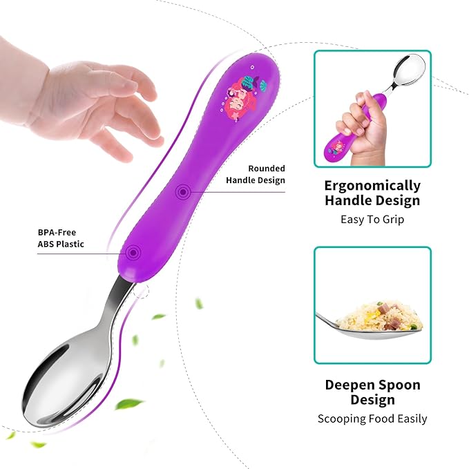 Lehoo Castle 6 Pieces Toddler Utensils, Kids Silverware for 2 3 4 Years Old, Stainless Steel Knife Fork and Spoon Set with Plastic Handle, Safe Toddler Cutlery (Purple)