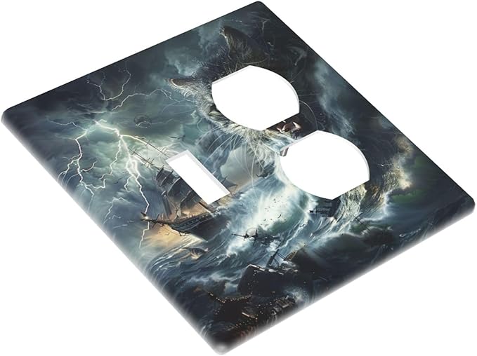 Light Switch Cover Plate funny Cat Stormy sea Lightning Sailboats 2 Gang Decorative Switch Plates 1 Toggle Duplex Combo Outlet Covers GFCI Wall Plates for Bathroom Kid Room Decor
