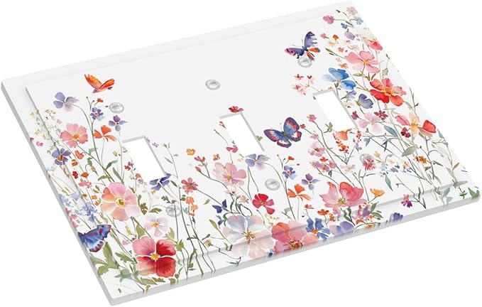 Colorful Flower Watercolor Floral Butterfly Bird Decorative Switch Plates 3 Gang Wall Plate Triple Toggle Light Switch Cover Faceplate Electrical Wall Panels for Bedroom Living Room Decor