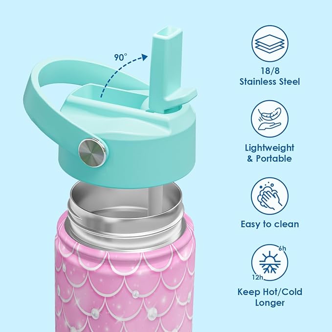 Kid Water Bottle 12oz with Straw Lid - 2-Pack Insulated Stainless Steel Water Bottles for Kids Girls - Travel Cup for Back to School Sports Christmas Birthday (Unicorn & Mermaid Scales)