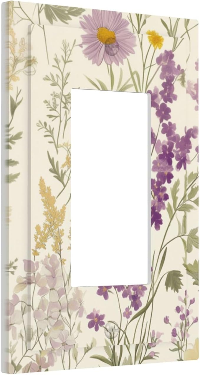 Watercolor Floral Leaves Single Light Switch Cover Plate Small Purple Flowers Daisies 1 Gang Rocker Outlet Covers Switchplate Decorative Electrical GFCI Faceplates for Bedroom Kitchen Decor