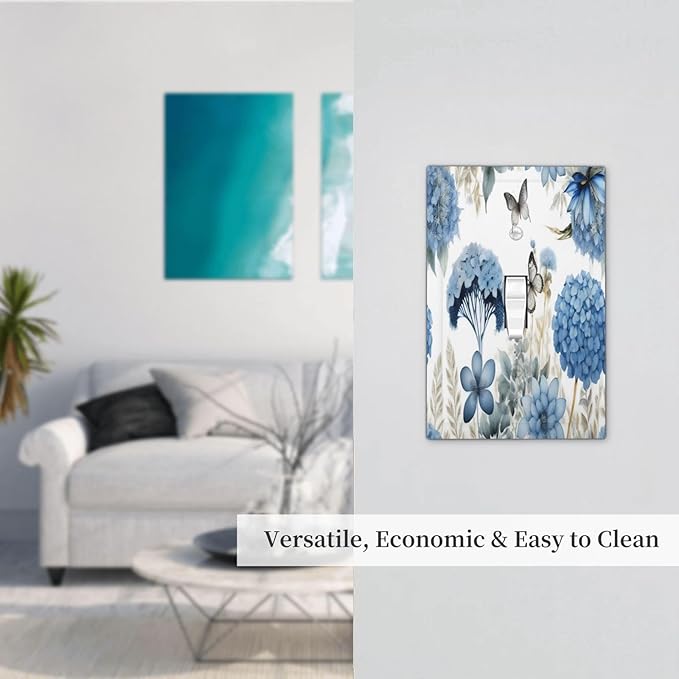 Blue Floral Hydrangea Floral Butterfly Flower Plant Decorative Light Switch Cover 1 Gang Single Toggle Device Electrical Faceplate Switchplates Decorator Outlet Wall Plate for Bedroom Living Room