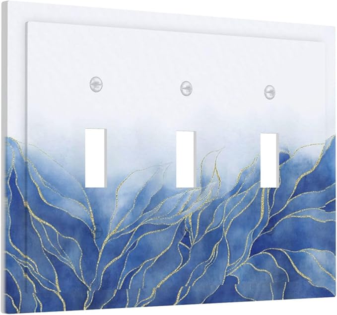 Light Switch Cover Plate Blue Gold Leaf Marble Modern Abstract 3 Gang Triple Toggle Decorative Switch Plates Wall Plates Electrical Switchplate Faceplate for Kitchen Bathroom Decor