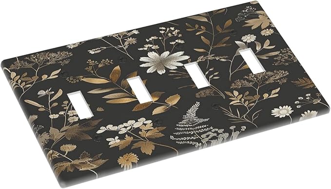 Light Switch Covers Black Gold Floral Dark Leaves Vintage Flowers Quad Toggle Electrical Faceplate 4 Gang Wall Plate Decorative Switch Plates for Bed Room Home Decor