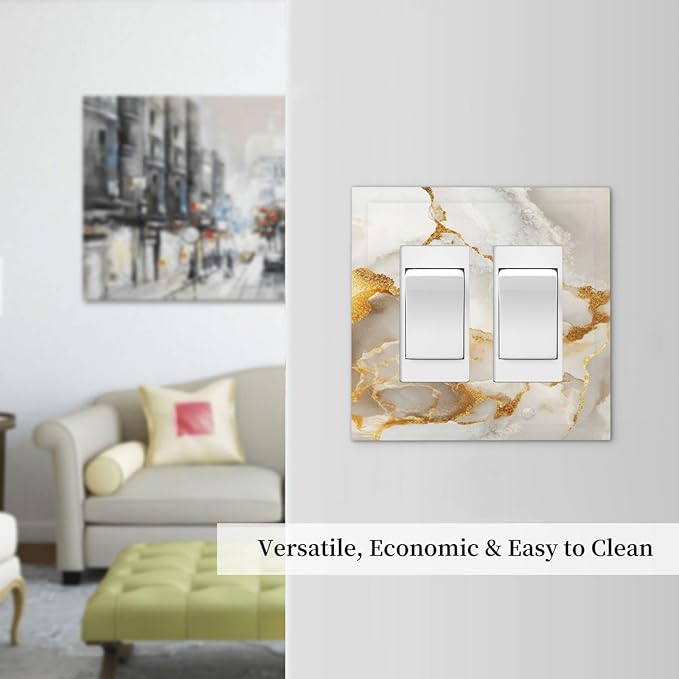 Gold Marble Crack Simple Abstract Print Decorative Outlet Covers 2 Gang Double GFCI Rocker Electrical Wall Panels Light Switch Cover Plate for Bathroom Kitchen Home Decor