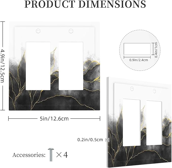 Decorative Outlet Covers Black And Gold Marble White Golden Leaves 2 Gang Double GFCI Rocker Electrical Wall Panels Light Switch Cover Plate for Bedroom living Room Decor