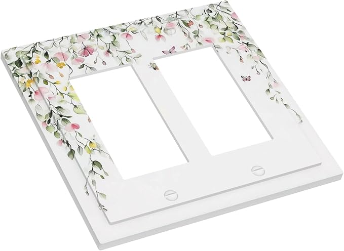 Watercolor Flowers Vine Colorful Butterfly Floral Decorative Outlet Covers 2 Gang Double Gfci Rocker Electrical Wall Panels Light Switch Cover Plate For Bed Room Living Room Decor