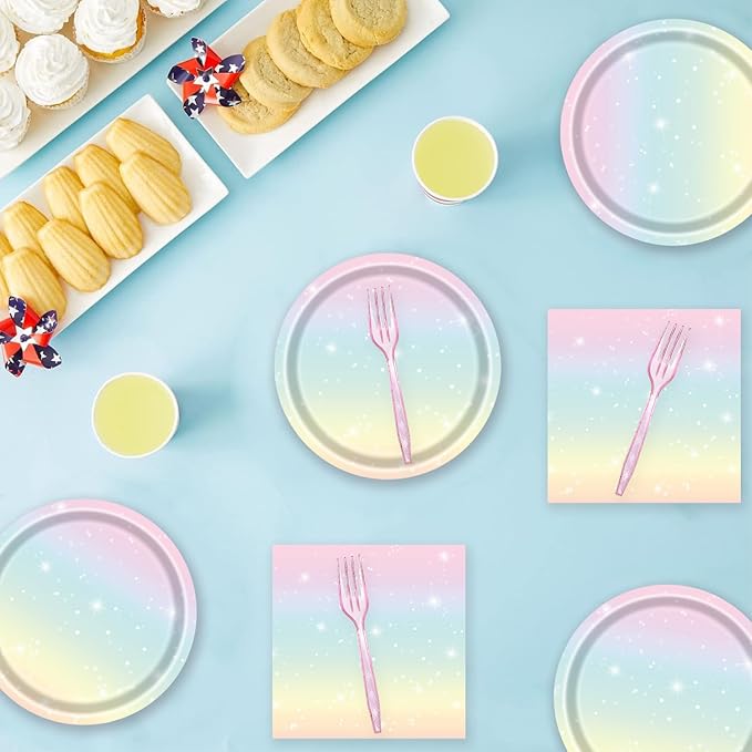 72 Pcs Pastel Rainbow Paper Plates 7in Disposable Birthday Dessert Plates Napkins and Forks Party Tableware Set Decoration Supplies for Girls Birthday Baby Shower Wedding Graduation Party, Serve 24