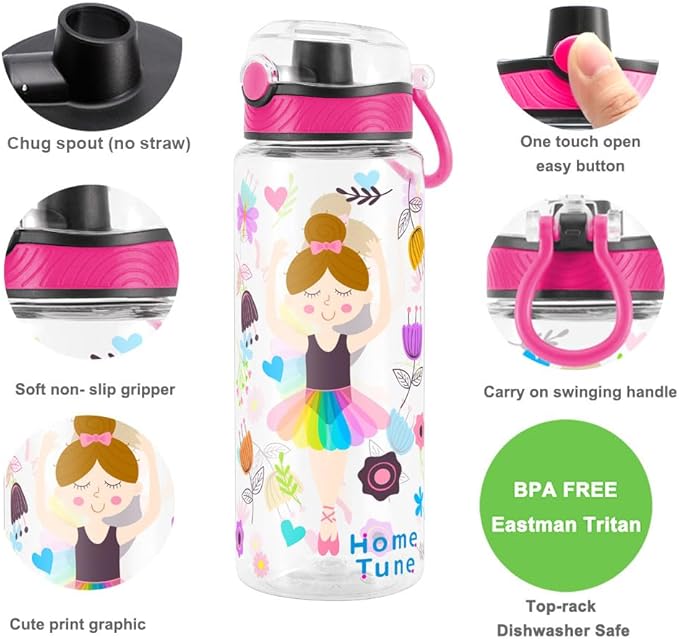 Home Tune Cute Water Bottle for School Kids Girls, BPA FREE Tritan & Leak Proof & Easy Clean & Carry Handle, 23oz/ 680ml (Dancing)