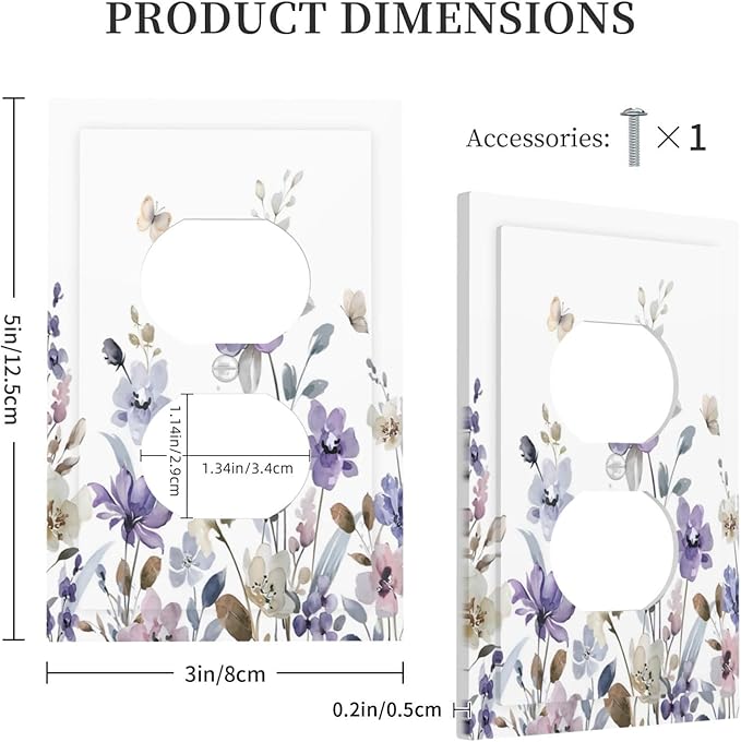 Purple Watercolor Flower Floral Butterfly Outlet Covers 1 Gang Duplex Light Switch Cover Decorative Switch Plates Electrical Receptacle Faceplate Wall Plate for Bedroom Living Room Decor