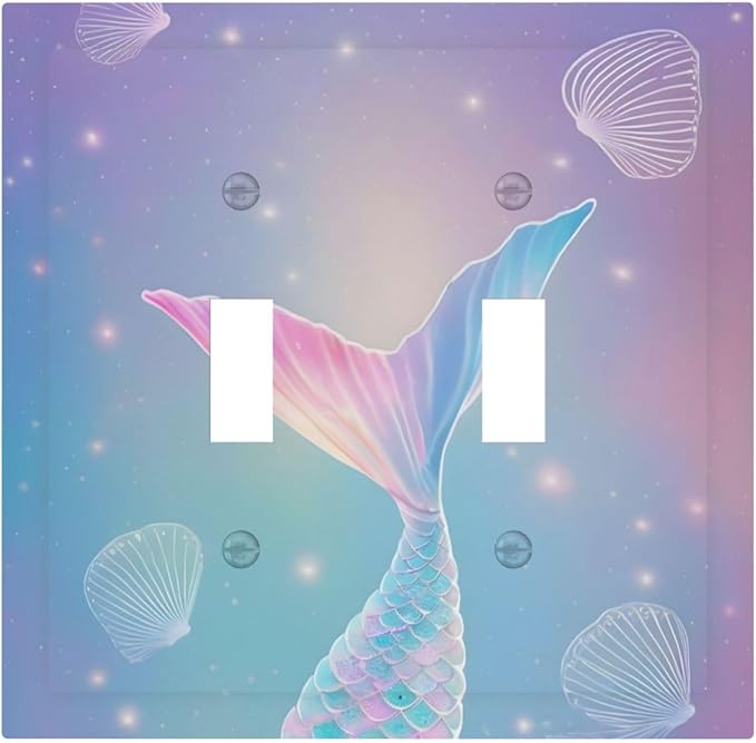 Cute Mermaid Pink Tail Scales Shells Colorful Ocean Decorative Switch Plates 2 Gang Double Toggle Outlet Light Switch Cover Wall Plate Electrical Faceplate for Kids Room Nursery Decor