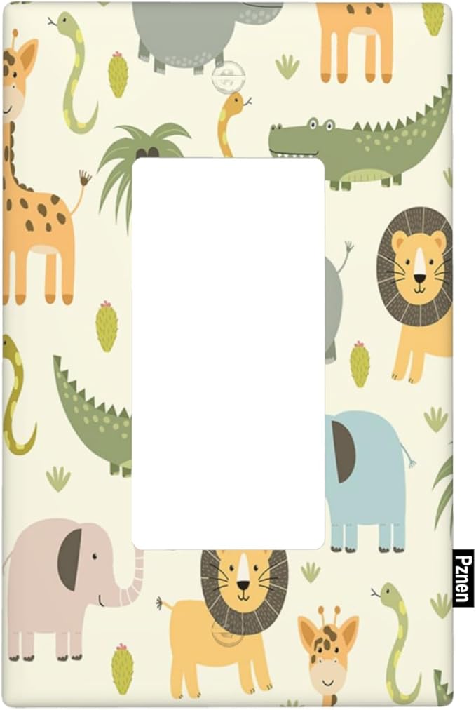 Cartoon Animal Single Rocker Light Switch Cover Plate Cute Hippo Crocodile Lion Elephant And Giraffe Funny Wildlife Wall Plate 1-Gang Rocker Plug Outlet Cover for Boys Girls