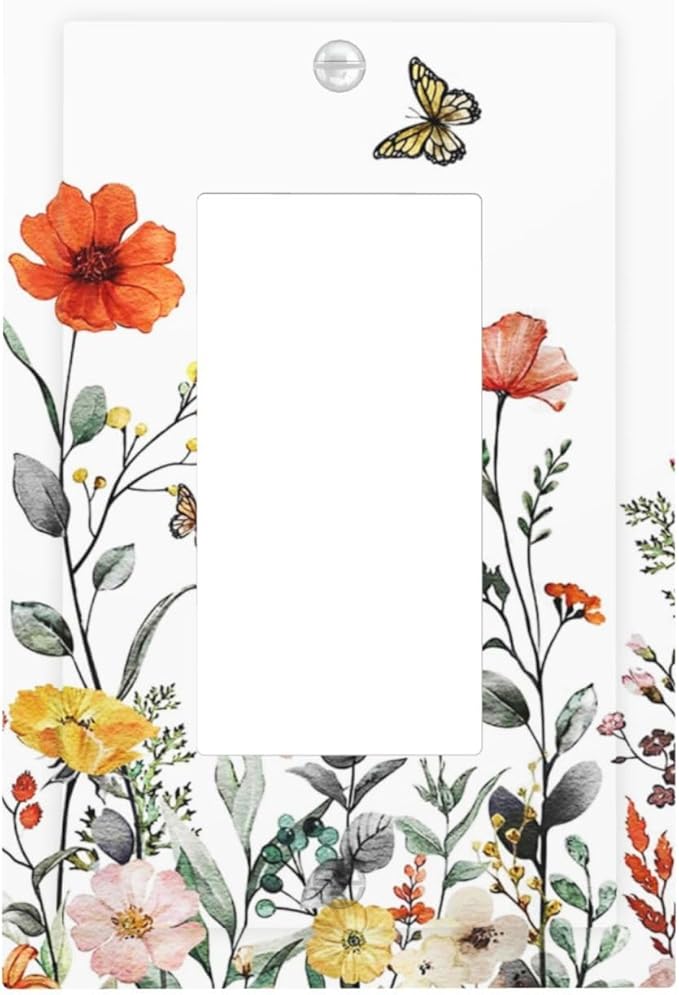 Colorful Butterfly Wild Flower 1-Gang Decorator Rocker Outlet Light Switch Cover Colored Vintage Floral Pretty Spring Garden Decorative Single Device GFCI Receptacle Switch Wall Plate Dimmer Mid Size