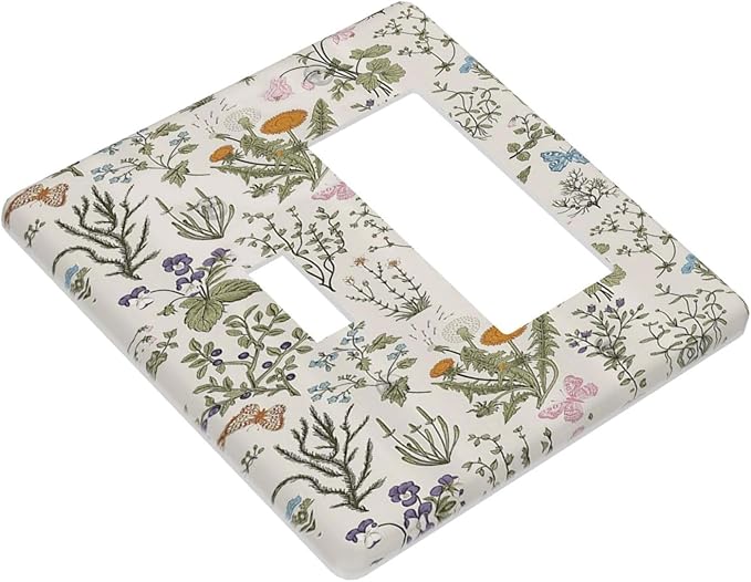 Light Switch Cover Boho Floral Vintage Flowers Plants 2 Gang Toggle Rocker Combo Socket Cover Wall Plates Decorative Switch Plates and Outlet Covers for Bathroom Bedroom Decor