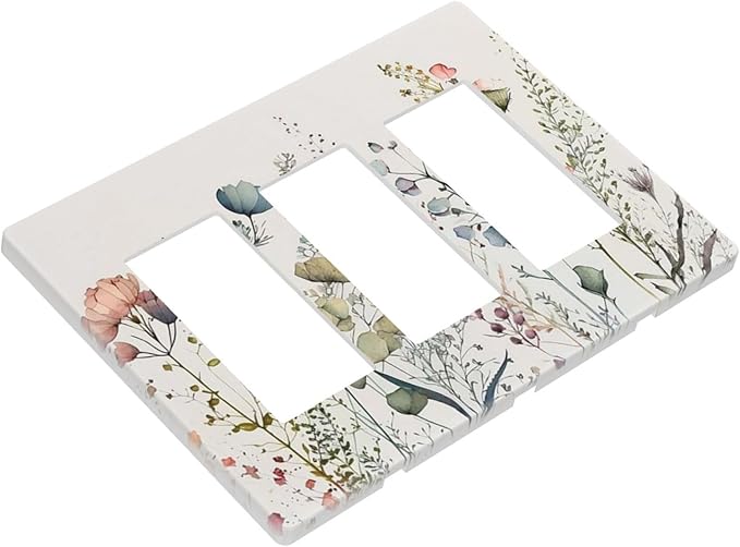 Decorative Flowered Art Triple Decorator Outlet Light Switch Cover 3 Gang Tan/Beige Butterfly Floral, Watercolor Blossom Spring Wild flower GFCI/Rocker Wallplate Electric Switchplate Dimmer Screwless