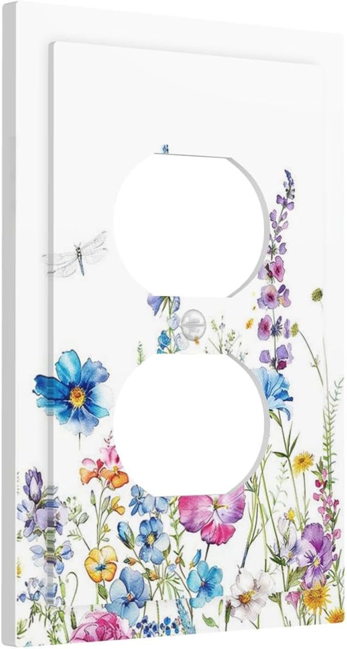 Outlet Covers Boho Colorful Flowers Plants And Dragonflies 1 Gang Duplex Light Switch Cover Electrical Receptacle Faceplate Wall Plate Decorative Switch Plates for Bedroom living Room Decor