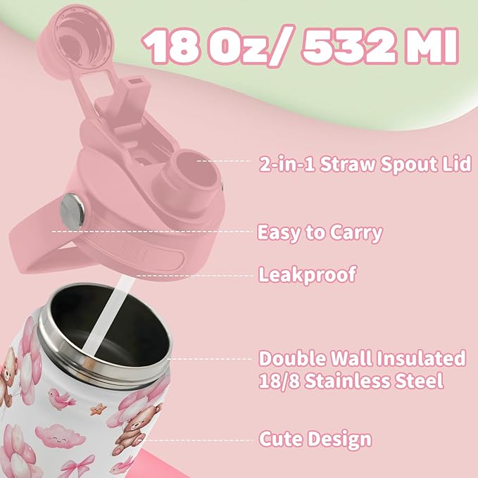 Insulated Water Bottle 18oz, Little Bear Gifts Water Bottle with 2-in-1 Straw and Spout Lid, White Bear Cup Leakproof, Bears Coffee Mug for Bears Lover, Birthday Gift Ideal for Girls Boys