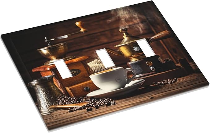 Decorative Switch Plate Cover with Vintage Coffee Retro Grinder Artwork Design 3 Gang Artistic Wall Plate Unique Triple Toggle Light Switch Covers for Rustic Kitchen Decor