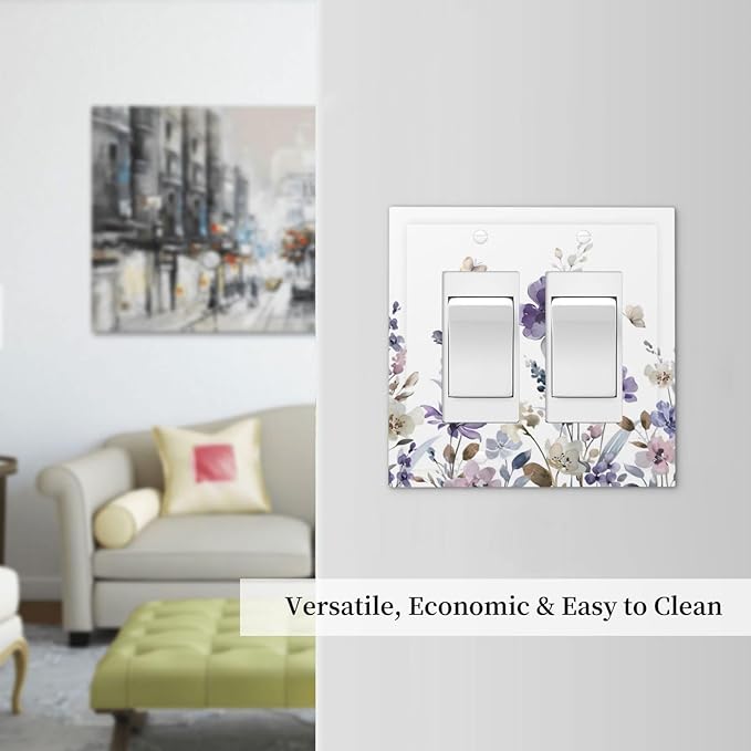 Purple Watercolor Flower Floral Butterfly Decorative Outlet Covers 2 Gang Double GFCI Rocker Electrical Wall Panels Light Switch Cover Plate for Bedroom Living Room Decor