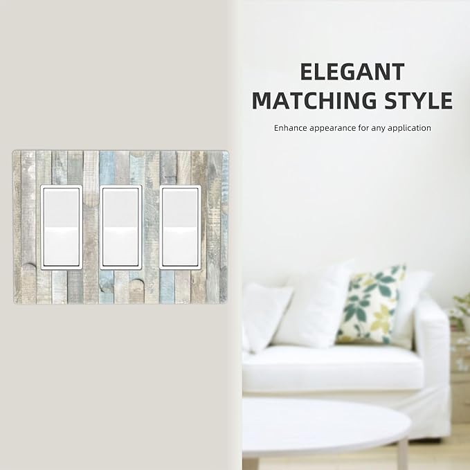 Country Rustic Blue White Wood 3 Gang Triple Rocker/Decorator Light Switch Wall Plate Cover Decorative Gfci Electrical Faceplate Switchplate Room Decorate