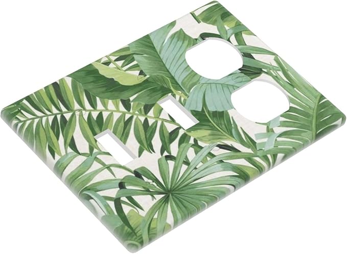 Tropical Palm Tree Leaves Jungle 3-Gang 2-Toggle 1-Duplex Device Combination Wall Plate, Green Botanical Plant Monstera Leaf Three Gang Combo Two Toggle/One Duplex Receptacle Outlet Light Switch Cover