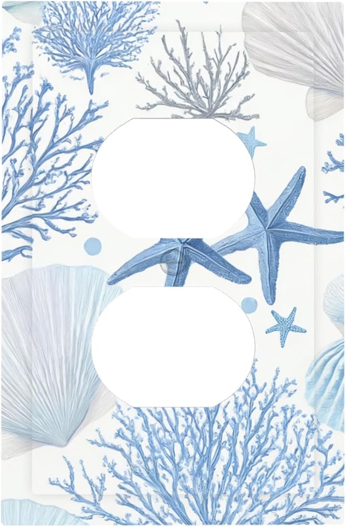 Coastal Blue Coral & Starfish Duplex Wall Plate - 1-Gang Standard US Size Watercolor Ocean Treasures Outlet Covers, Serene Underwater Garden for Beach House Decor
