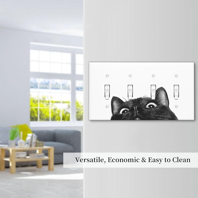 Peeping Black Cat Cute Animals Light Switch Covers Quad Toggle Electrical Faceplate 4 Gang Wall Plate Decorative Switch Plates for Kids Room Home Decor