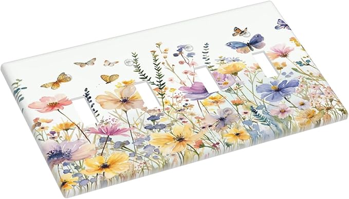 Wildflowers Colorful Flower Butterfly Floral Light Switch Covers Quad Toggle Electrical Faceplate 4 Gang Wall Plate Decorative Switch Plates Cover for Farmhouse Bedroom Decor