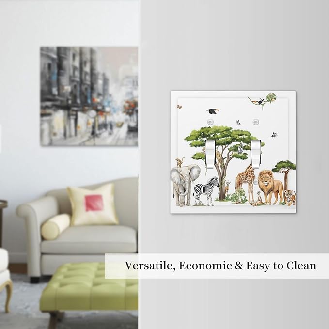 Large Animals Elephant Giraffe Jungle Lion Leopard Zebra Decorative Switch Plates 2 Gang Double Toggle Outlet Light Switch Cover Wall Plate Electrical Faceplate for Kids Room Nursery Decor