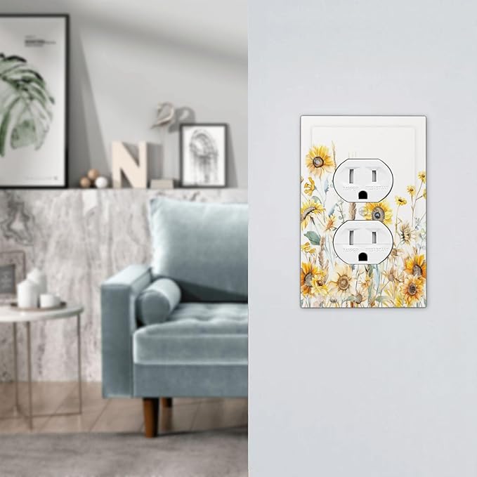 Yellow Floral Sunflowers Wheat Ears Watercolor Wild Flowers Outlet Covers 1 Gang Duplex Light Switch Cover Decorative Switch Plates Electrical Receptacle Faceplate Wall Plate for Bedroom Living Room