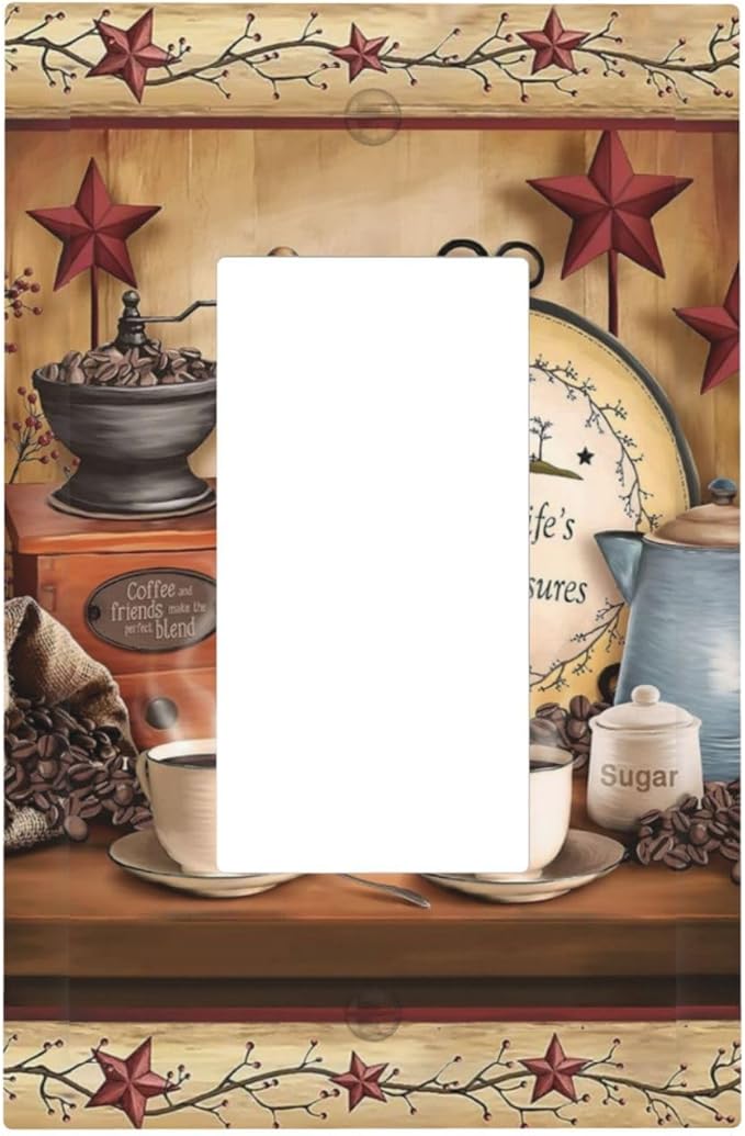 Country Life Coffee Beans Texas Star Bar Clock 1-Gang Decorator Rocker Outlet Light Switch Cover Dining Room Kitchen Cafe Cup Decorative Single Device GFCI Receptacle Switch Wall Plate Dimmer Mid Size